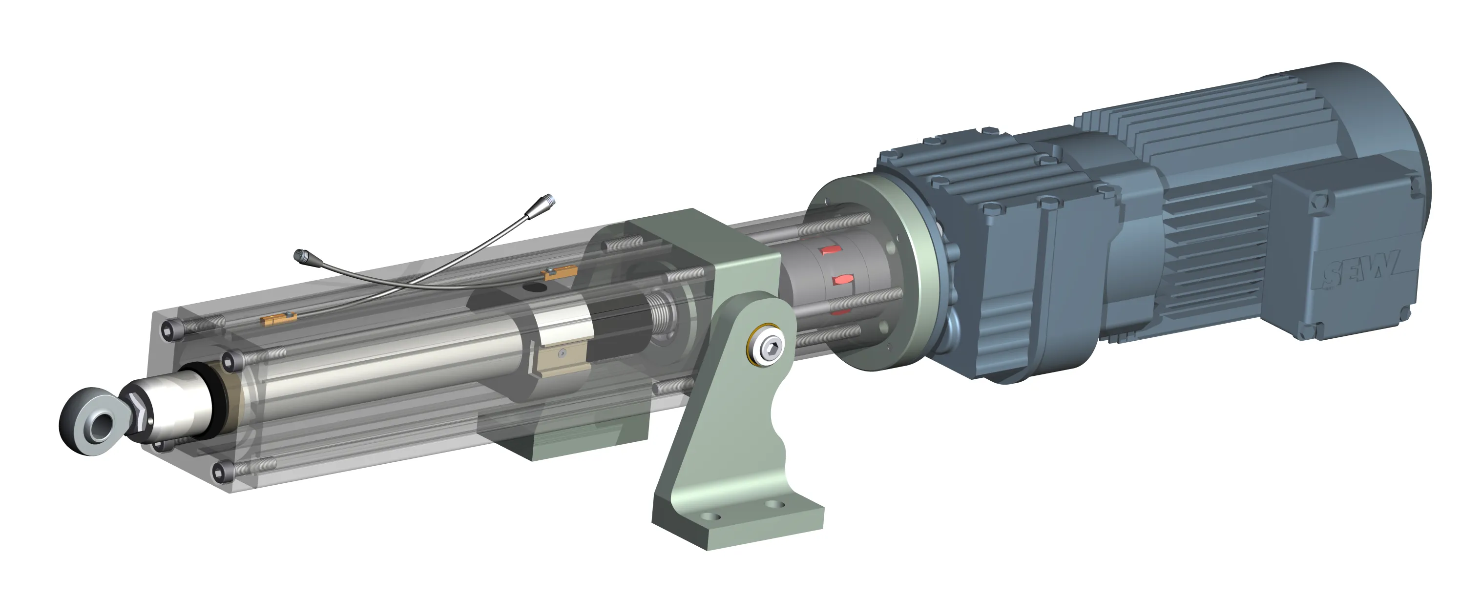 Teiltransparentes Rendering eines Elektrohubzylinders mit Motor und Drehlagerfuß