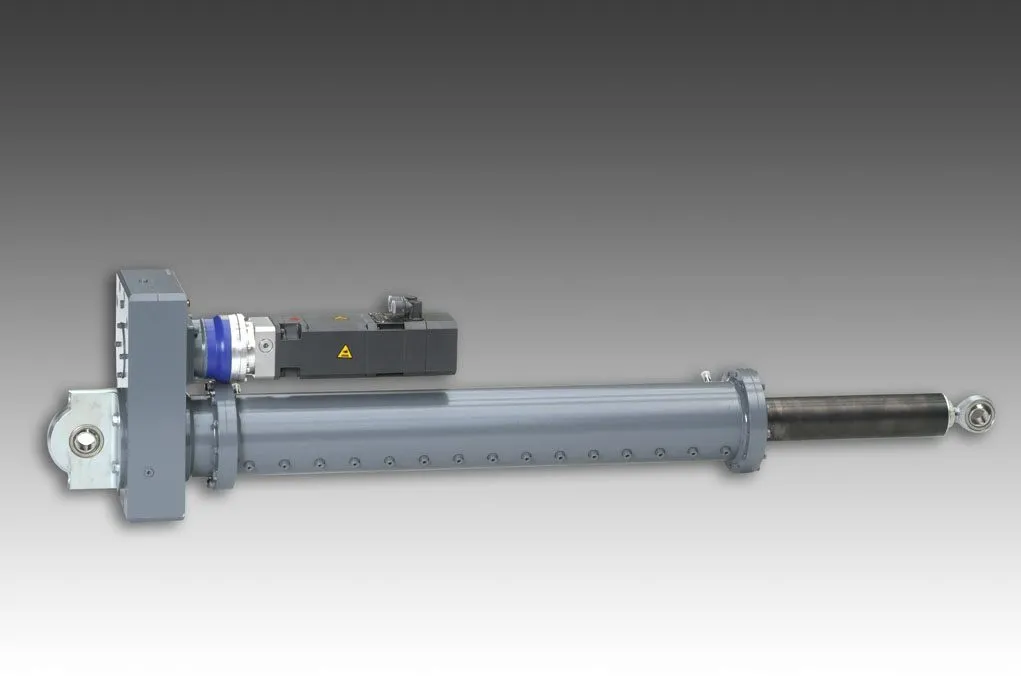 Positionnement hexapode : six vérins électriques pour un grand télescope: Vue CAO d'un axe d'hexapode avec broche, entraînement et interface de fixation.