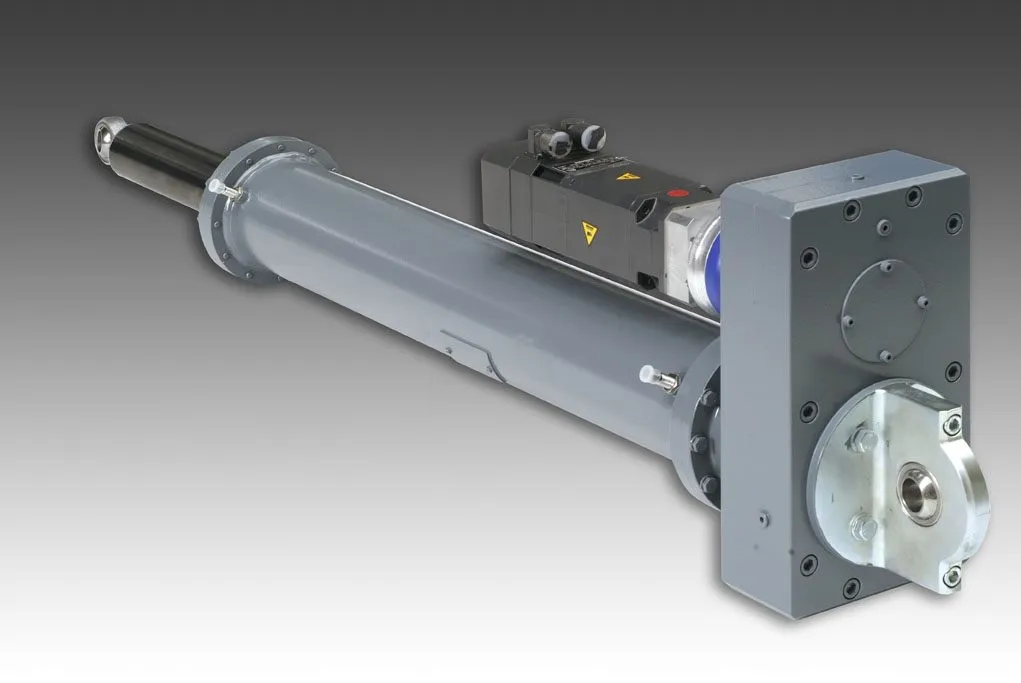 Positionnement hexapode : six vérins électriques pour un grand télescope: Entraînement et palier sous forme de sous-ensemble compact pour un positionnement rigide et fin.